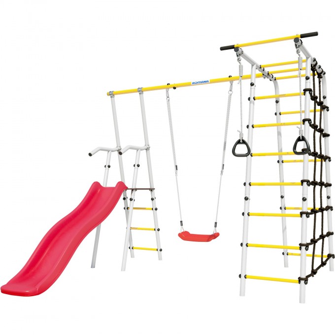 Детский спортивный комплекс для дачи ROMANA БОГАТЫРЬ (белый желтый) (с пластиковыми качелями) 103.07.06 + 1.D-26.01 BELYI JELTYI S PLASTIKOVYMI KACHELYAMI