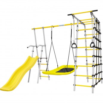 Детский спортивный комплекс для дачи ROMANA БОГАТЫРЬ желтый/серый с качелями-гнездо «Лодка» Детский спортивный комплекс для дачи ROMANA БОГАТЫРЬ желтый/серый с качелями-гнездо «Лодка»