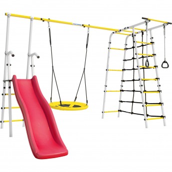 Детский спортивный комплекс для дачи ROMANA БОГАТЫРЬ ПЛЮС - 2 белый желтый с качелями гнездо Детский спортивный комплекс для дачи ROMANA БОГАТЫРЬ ПЛЮС - 2 белый желтый с качелями гнездо
