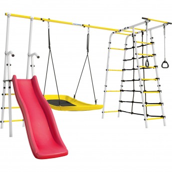 Детский спортивный комплекс для дачи ROMANA БОГАТЫРЬ ПЛЮС - 2 белый желтый с качелями-гнездо «Лодка» Детский спортивный комплекс для дачи ROMANA БОГАТЫРЬ ПЛЮС - 2 белый желтый с качелями-гнездо «Лодка»