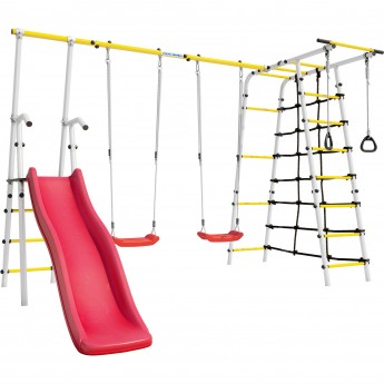 Детский спортивный комплекс для дачи ROMANA БОГАТЫРЬ ПЛЮС - 2 белый желтый с пластиковыми качелями Детский спортивный комплекс для дачи ROMANA БОГАТЫРЬ ПЛЮС - 2 белый желтый с пластиковыми качелями