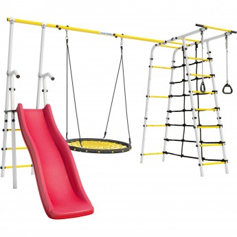 Детский спортивный комплекс для дачи ROMANA БОГАТЫРЬ ПЛЮС - 2 белый желтый с сеткой-гнездом Детский спортивный комплекс для дачи ROMANA БОГАТЫРЬ ПЛЮС - 2 белый желтый с сеткой-гнездом