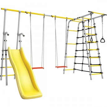 Детский спортивный комплекс для дачи ROMANA БОГАТЫРЬ ПЛЮС - 2 желтый/серый с фанерными качелями Детский спортивный комплекс для дачи ROMANA БОГАТЫРЬ ПЛЮС - 2 желтый/серый с фанерными качелями