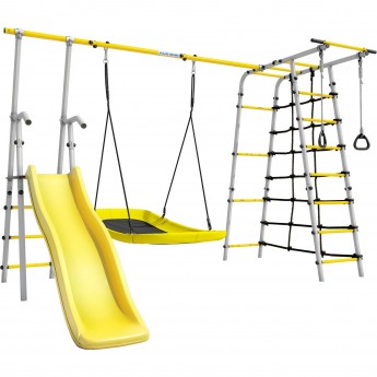 Детский спортивный комплекс для дачи ROMANA БОГАТЫРЬ ПЛЮС - 2 желтый/серый с качелями-гнездо «Лодка» Детский спортивный комплекс для дачи ROMANA БОГАТЫРЬ ПЛЮС - 2 желтый/серый с качелями-гнездо «Лодка»