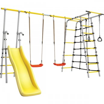 Детский спортивный комплекс для дачи ROMANA БОГАТЫРЬ ПЛЮС - 2 желтый/серый с пластиковыми качелями Детский спортивный комплекс для дачи ROMANA БОГАТЫРЬ ПЛЮС - 2 желтый/серый с пластиковыми качелями
