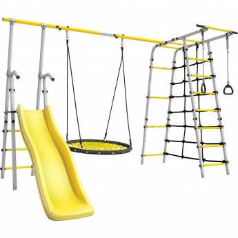Детский спортивный комплекс для дачи ROMANA БОГАТЫРЬ ПЛЮС - 2 желтый/серый с сеткой-гнездом Детский спортивный комплекс для дачи ROMANA БОГАТЫРЬ ПЛЮС - 2 желтый/серый с сеткой-гнездом