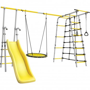 Детский спортивный комплекс для дачи ROMANA БОГАТЫРЬ ПЛЮС - 2 желтый/серый с сеткой-гнездом 80см Детский спортивный комплекс для дачи ROMANA БОГАТЫРЬ ПЛЮС - 2 желтый/серый с сеткой-гнездом 80см