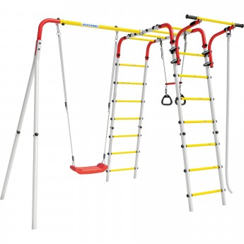 Детский спортивный комплекс для дачи ROMANA ВЕСЕЛАЯ ЛУЖАЙКА - 2 красный/желтый/белый с пластиковыми качелями