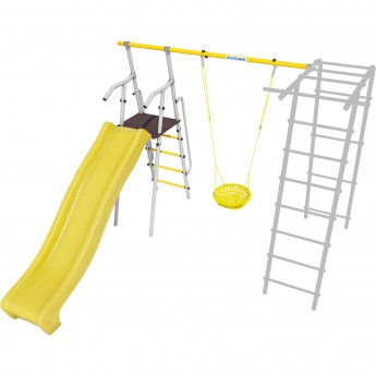 Дополнительный комплект с горкой 1200 мм к дачному комплексу ROMANA для высоты балки качелей 2050 мм желтый/белый с детскими качелями Дополнительный комплект с горкой 1200 мм к дачному комплексу ROMANA для высоты балки качелей 2050 мм желтый/белый с детскими качелями